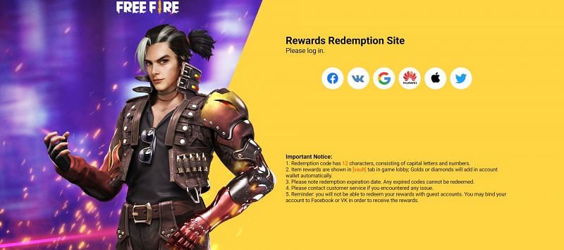 Players can use Facebook, VK, Google, Huawei ID, Apple ID and Twitter to login (Image via Free Fire)