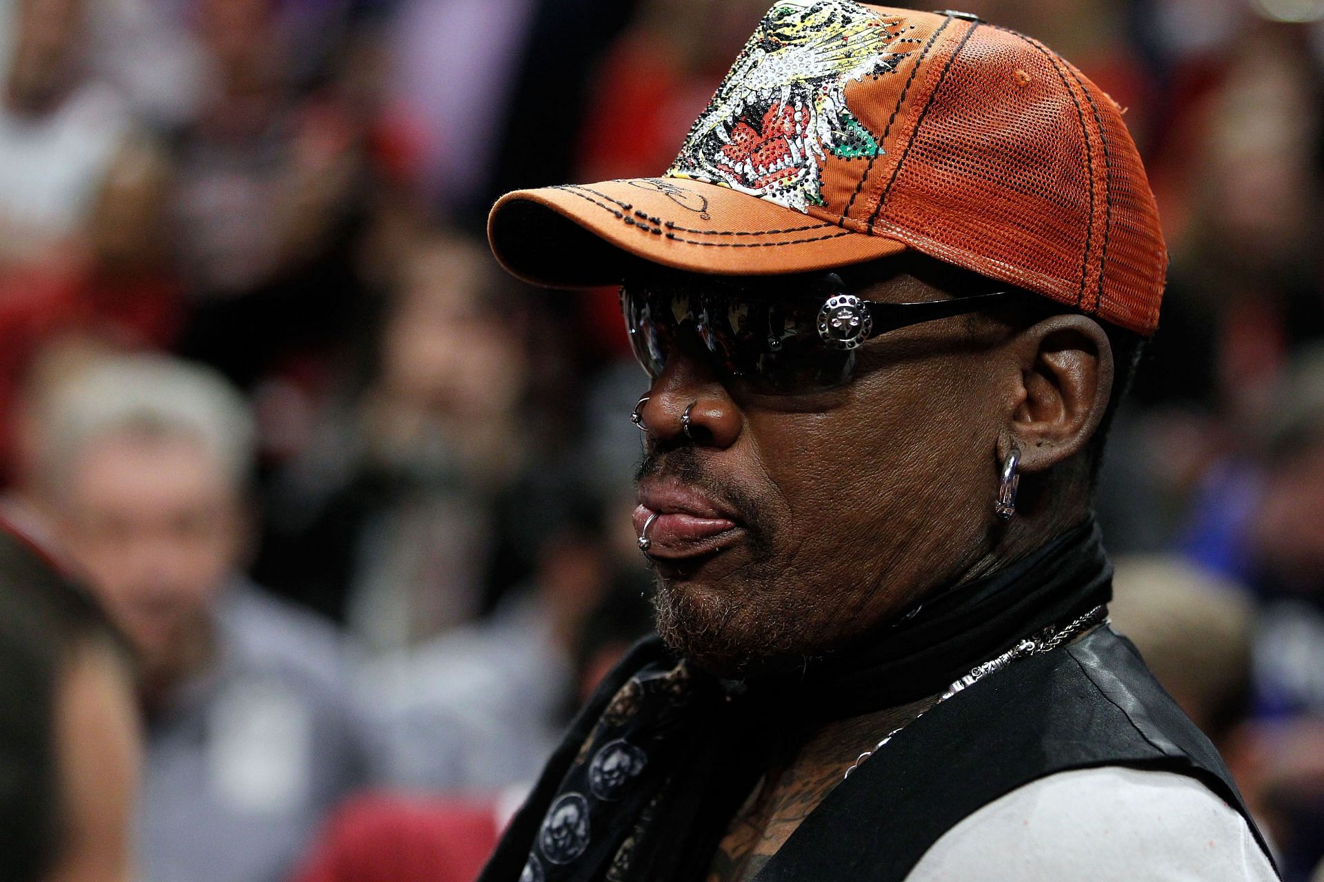 Basketball Hall of Famer and former CHicago Bulls player Dennis Rodman looks on as the Chicago Bulls play against the Miami Heat in Game Two of the Eastern Conference Finals during the 2011 NBA Playoffs on May 18, 2011 at the United Center in Chicago, Illinois.