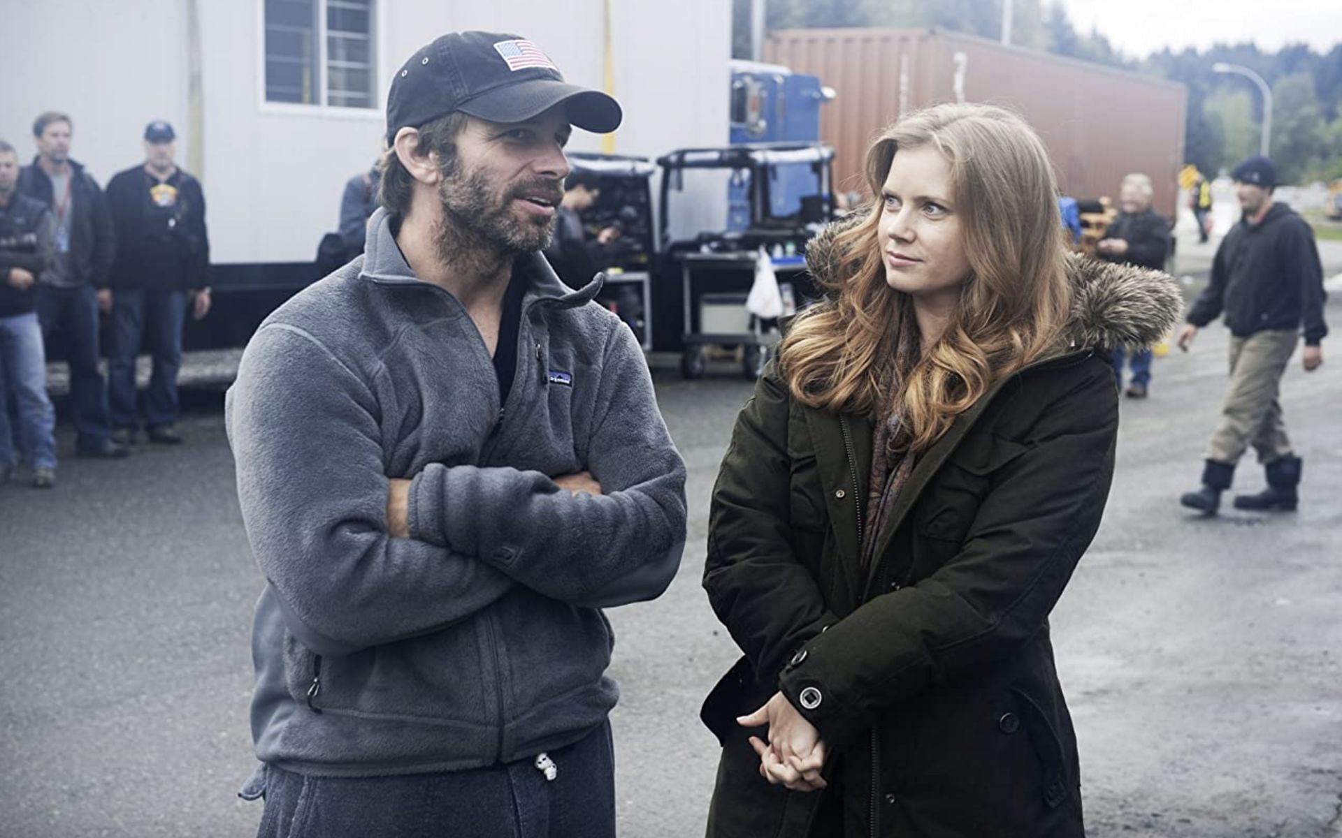 Zack Snyder and Amy Adams on the set of DC&rsquo;s Man of Steel (Image via IMDb)