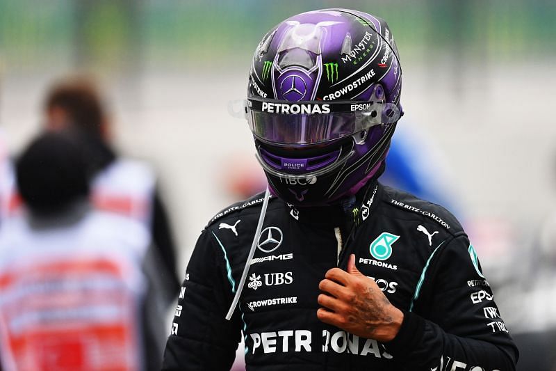 Lewis Hamilton looks on in parc ferme after the 2021 Turkish Grand Prix. (Photo by Dan Mullan/Getty Images)