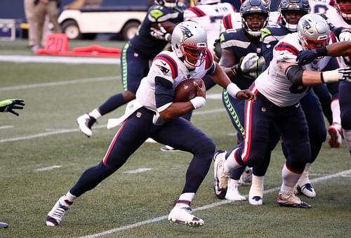 Cam Newton of the New England Patriots v the Seattle Seahawks