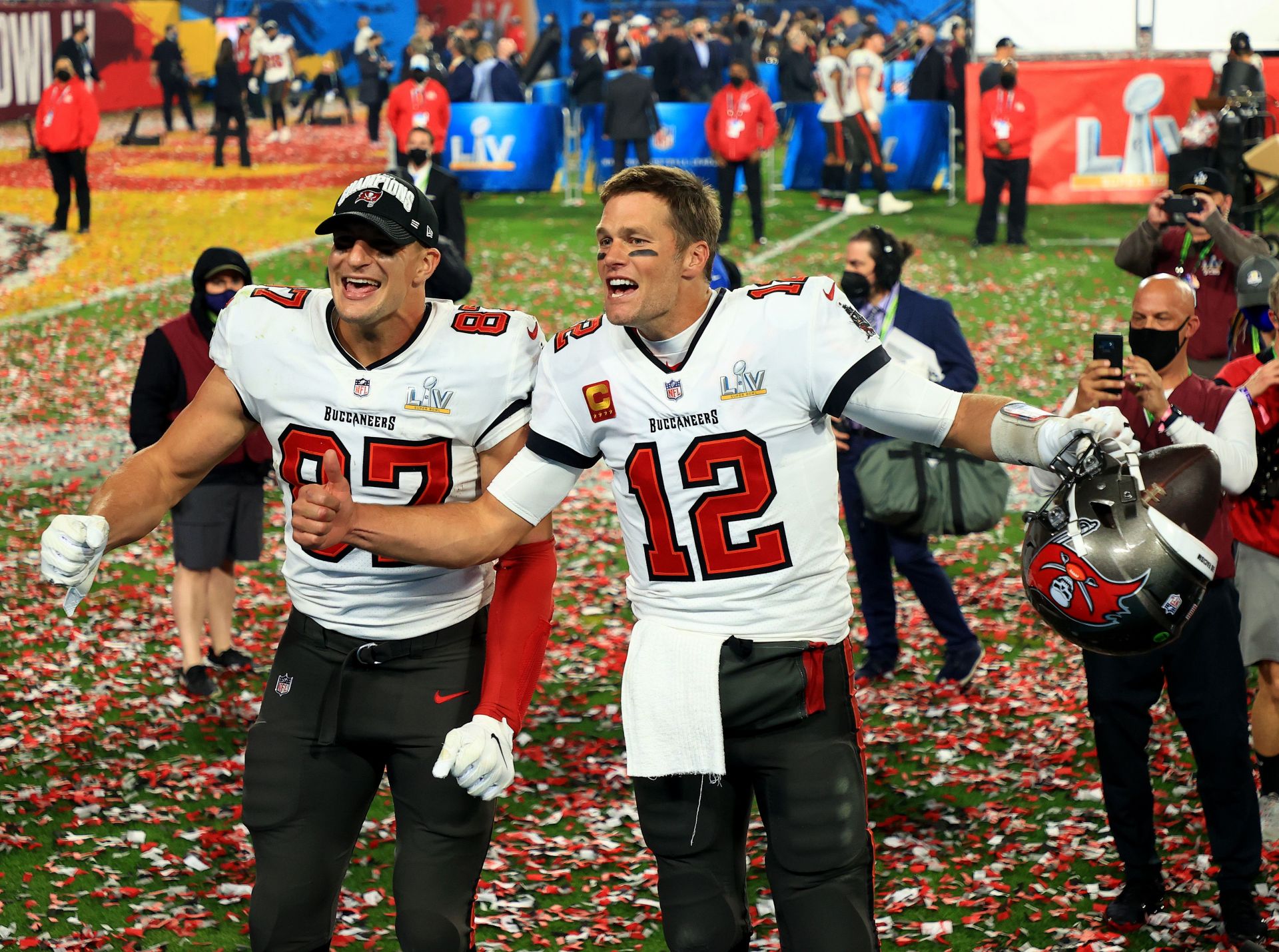 Brady and Gronk celebrating one more Super Bowl win together