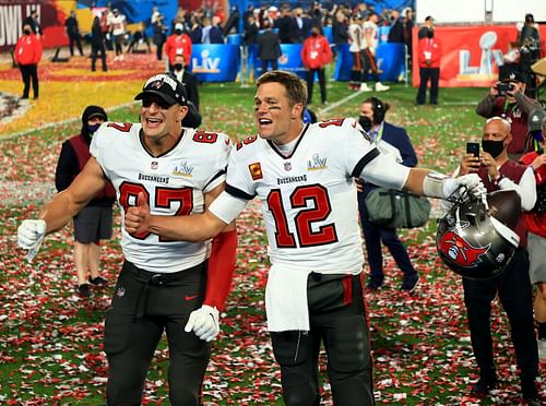 Brady and Gronk celebrating one more Super Bowl win together