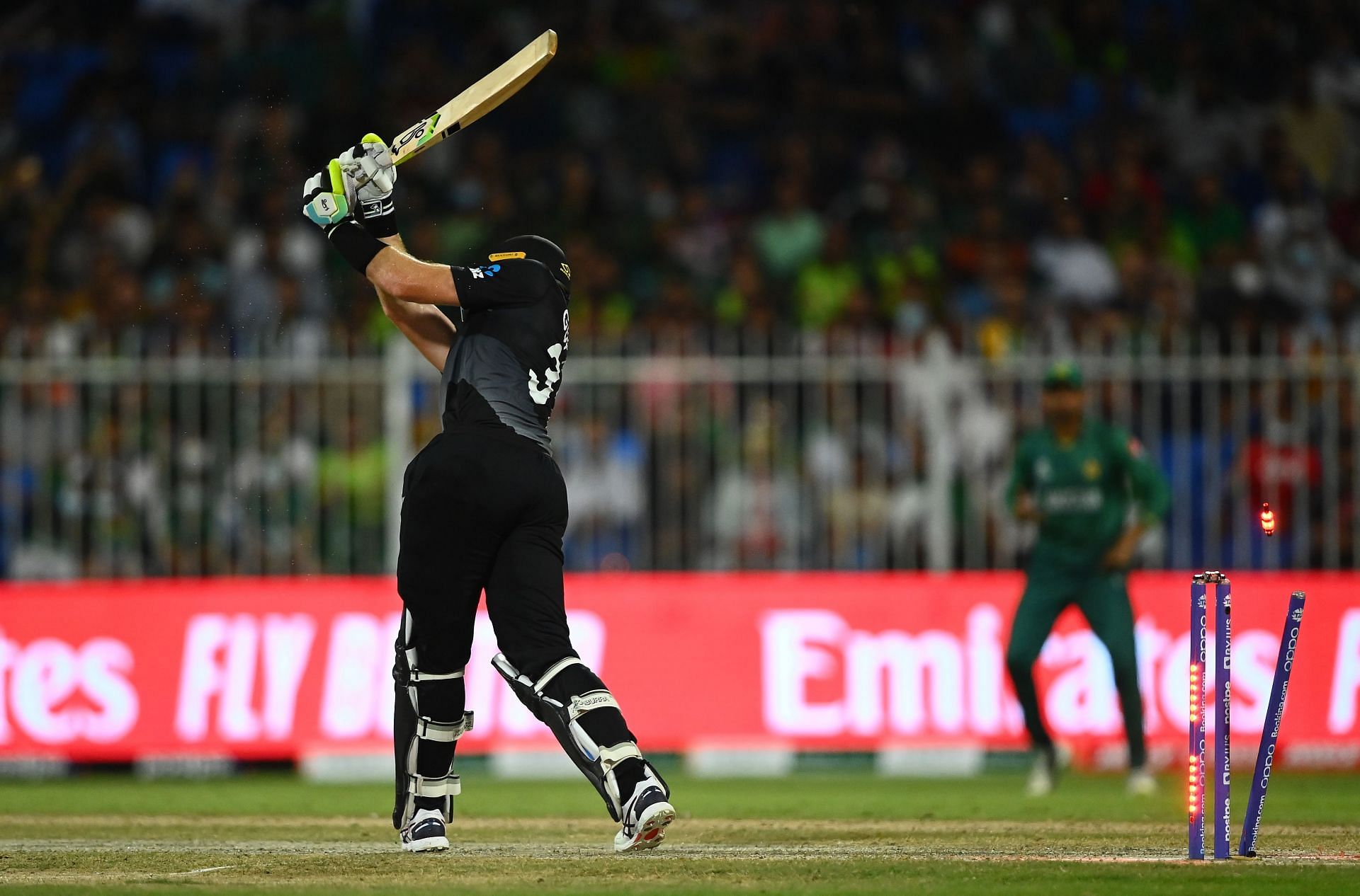 Martin Guptill of New Zealand is bowled by Haris Rauf of Pakistan. Pic: Getty Images