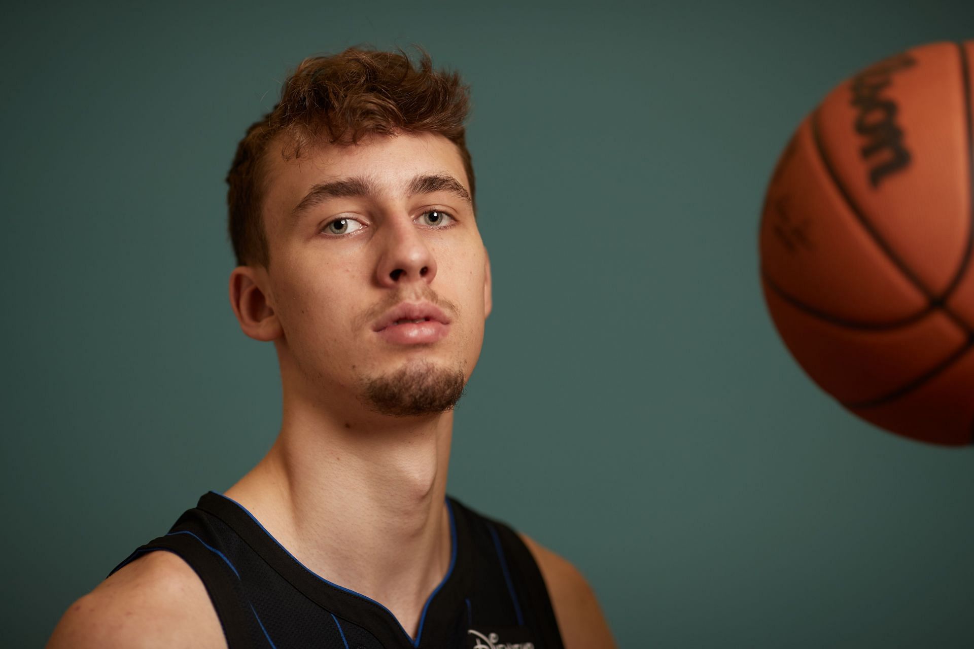 Franz Wagner #21 of the Orlando Magic poses for a photo during the 2021 NBA Rookie Photo Shoot on August 15, 2021 in Las Vegas, Nevada.