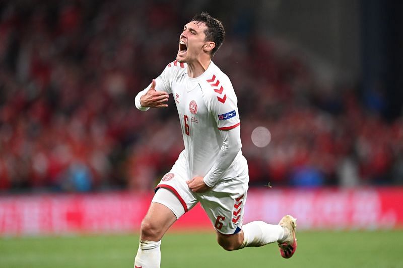 Andreas Christensen celebrates a goal for Denmark at Euro 2020.