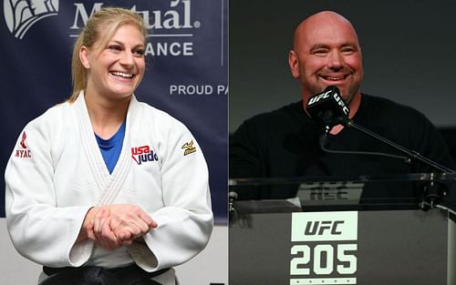 Kayla Harrison (left) and Dana White (right)