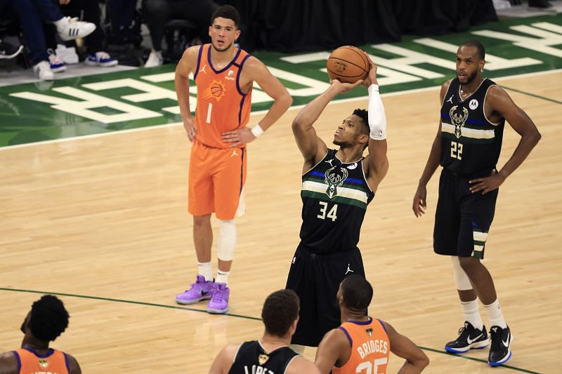 Giannis Antetokounmpo of the Milwaukee Bucks shoots a FT vs Phoenix Suns - 2021 NBA Finals
