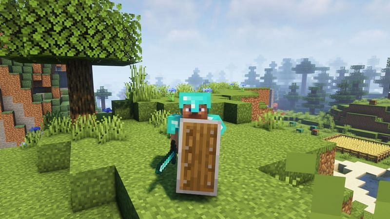 Steve holding a shield (Image via Minecraft)