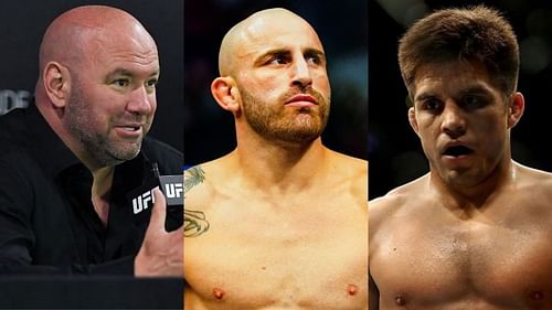 Dana White (left), Alexander Volkanovski (center), and Henry Cejudo (right)