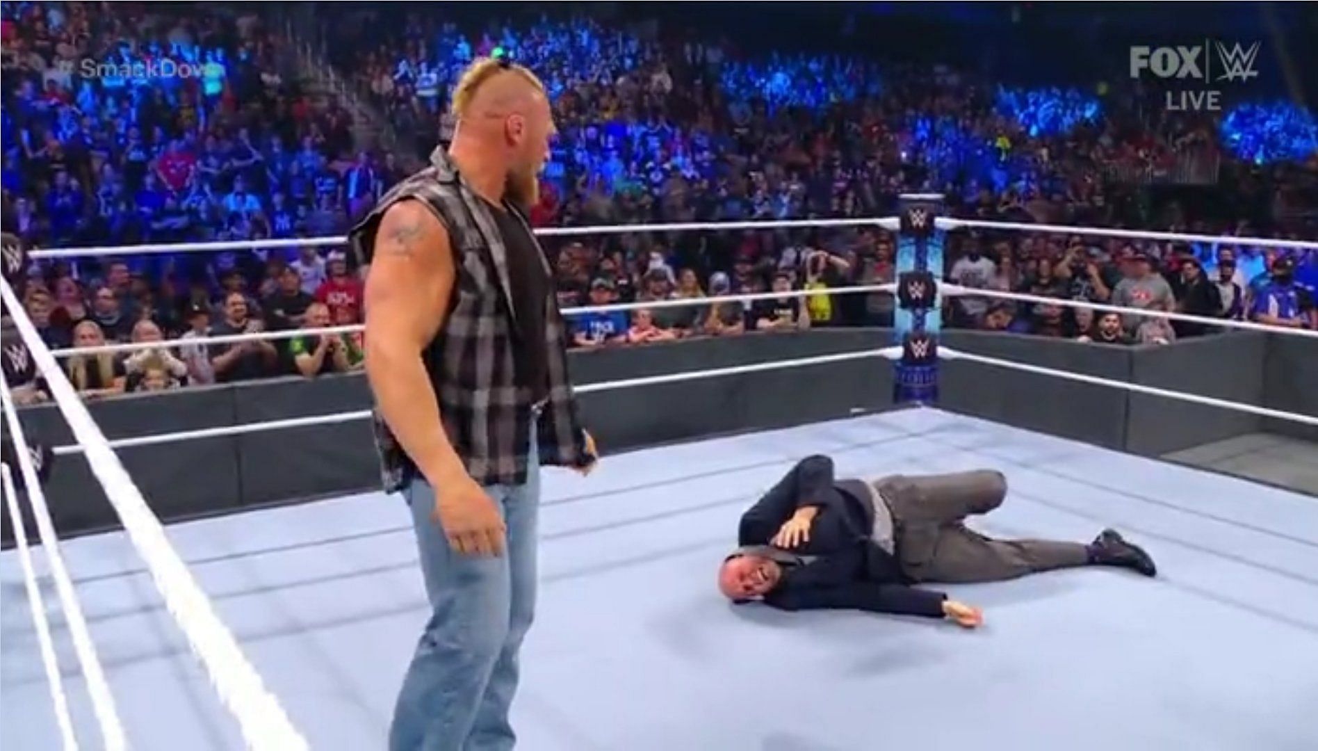 Adam Pearce was left senseless in the ring by an enraged Brock Lesnar