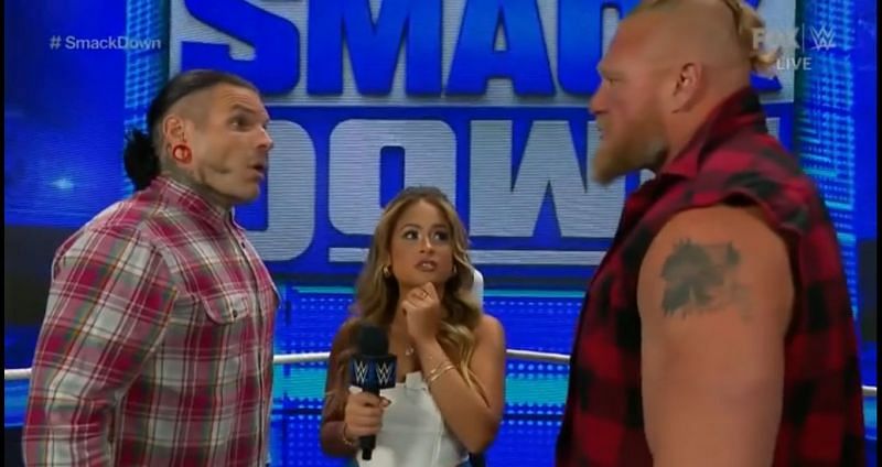 Brock Lesnar interrupts a Jeff Hardy interview on SmackDown