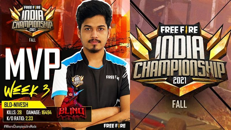 Blind Esports&#039; Nivesh was the MVP of Free Fire India Championship League Stage week 3 (image via Garena)