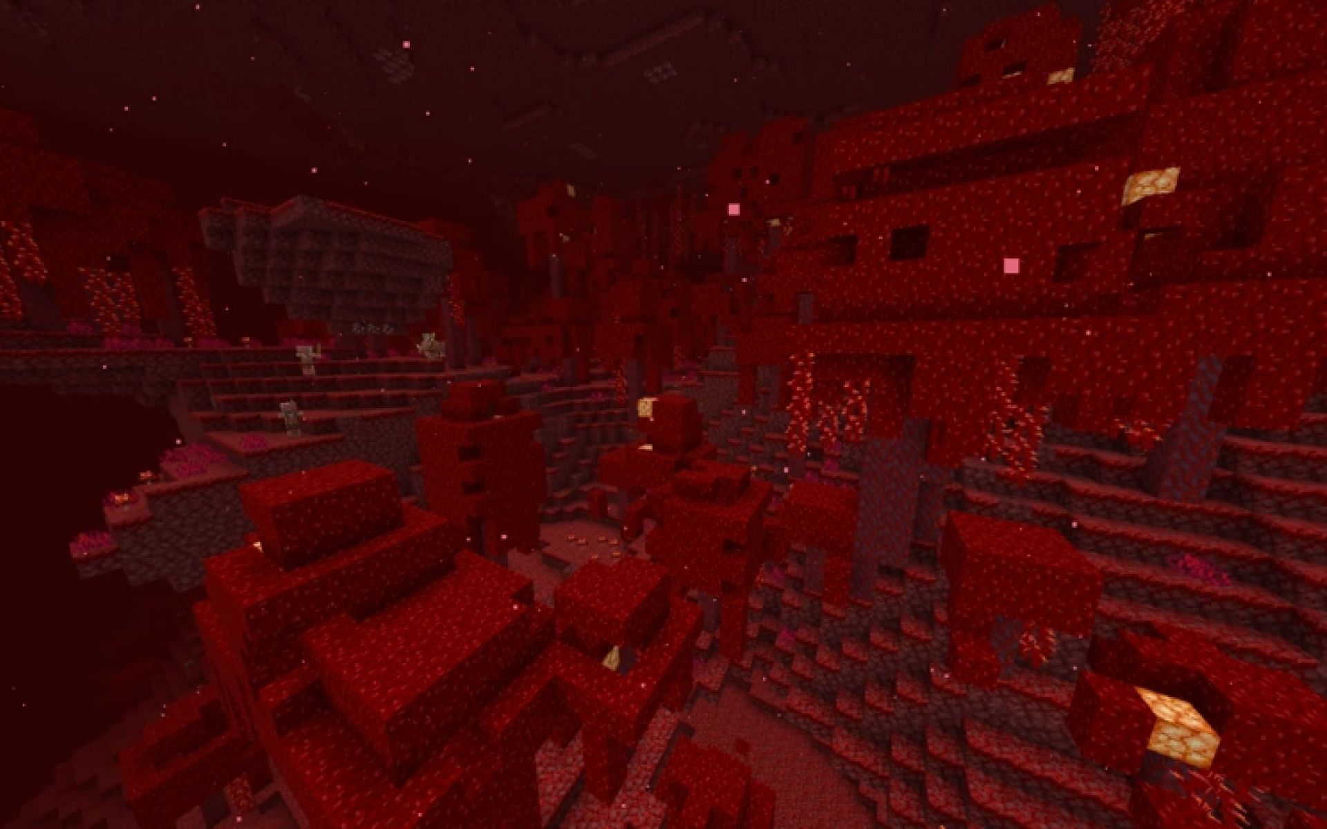 An image of a crimson forest biome in-game. (Image via Minecraft)
