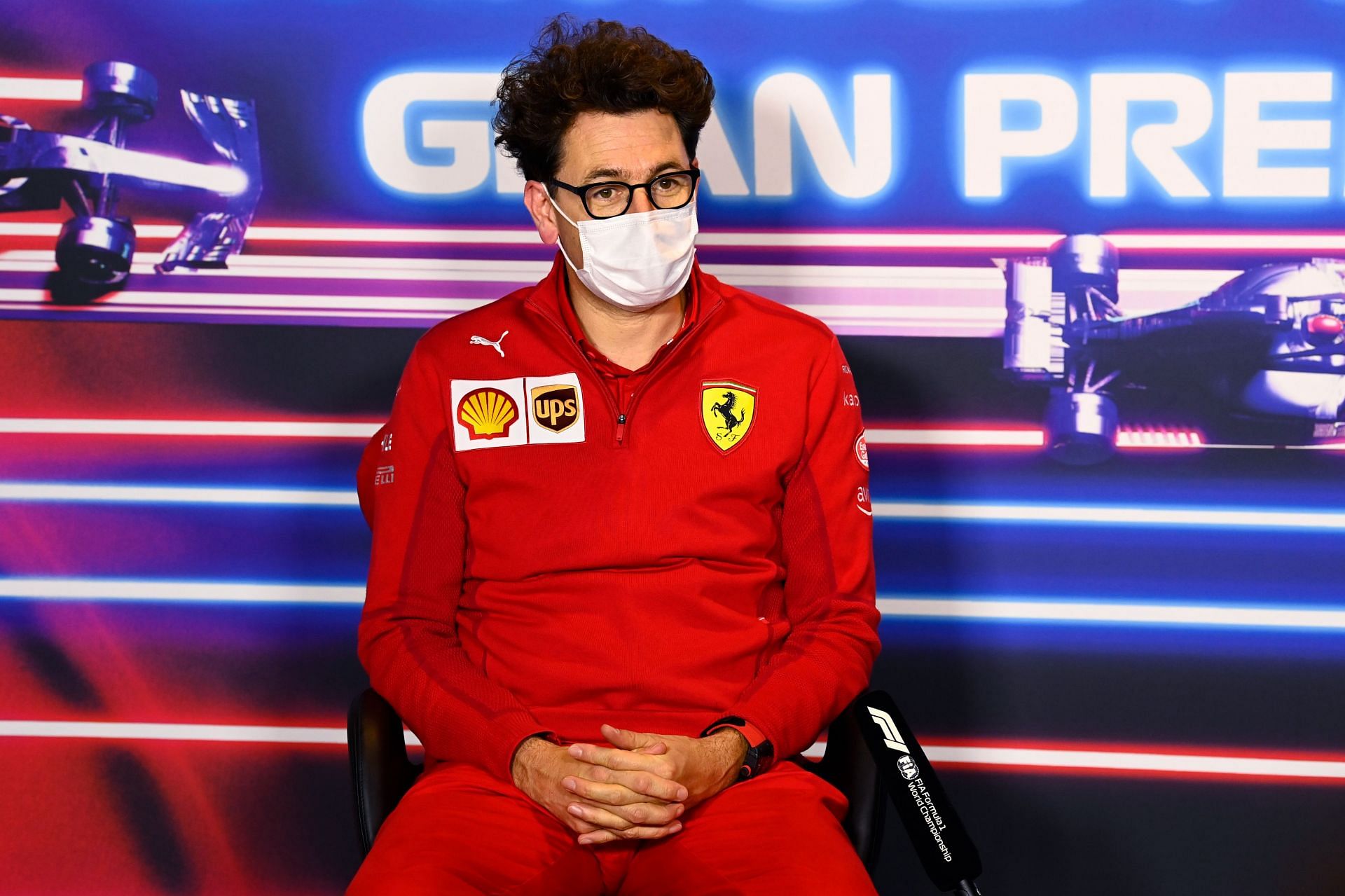 Scuderia Ferrari Team Principal Mattia Binotto talks in the Team Principals Press Conference during the F1 Grand Prix of Italy at Autodromo di Monza in Italy. (Photo by Mark Sutton - Pool/Getty Images)