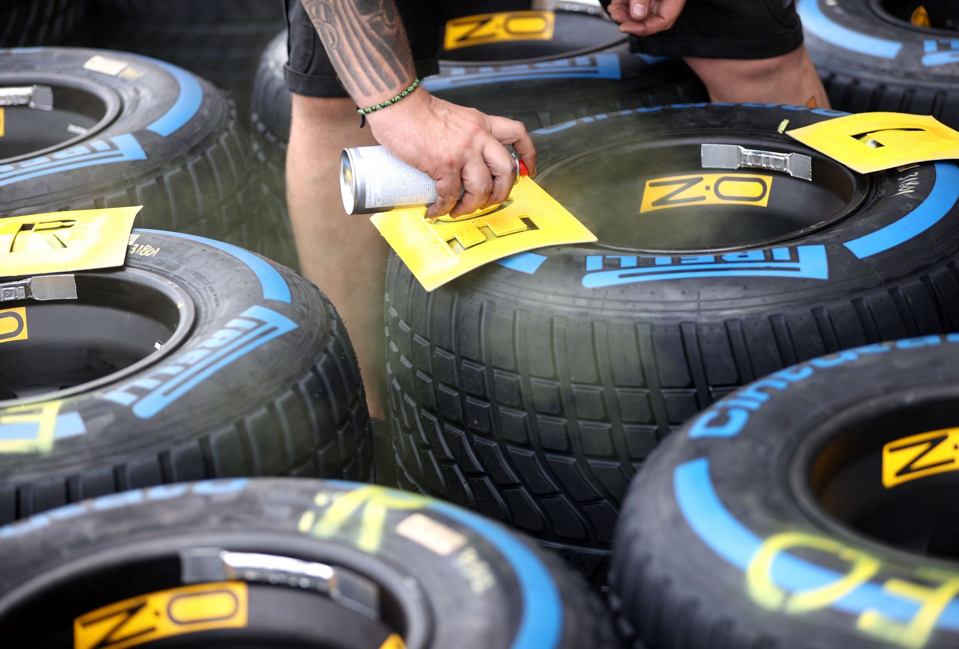 Teams work on tires ahead of the 2021 USGP in Austin, Texas. (Photo by Chris Graythen/Getty Images)