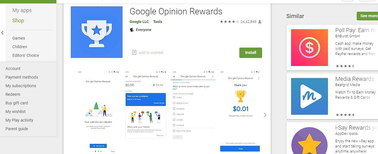 Google Opinion Rewards application (Image via Google Play Store)