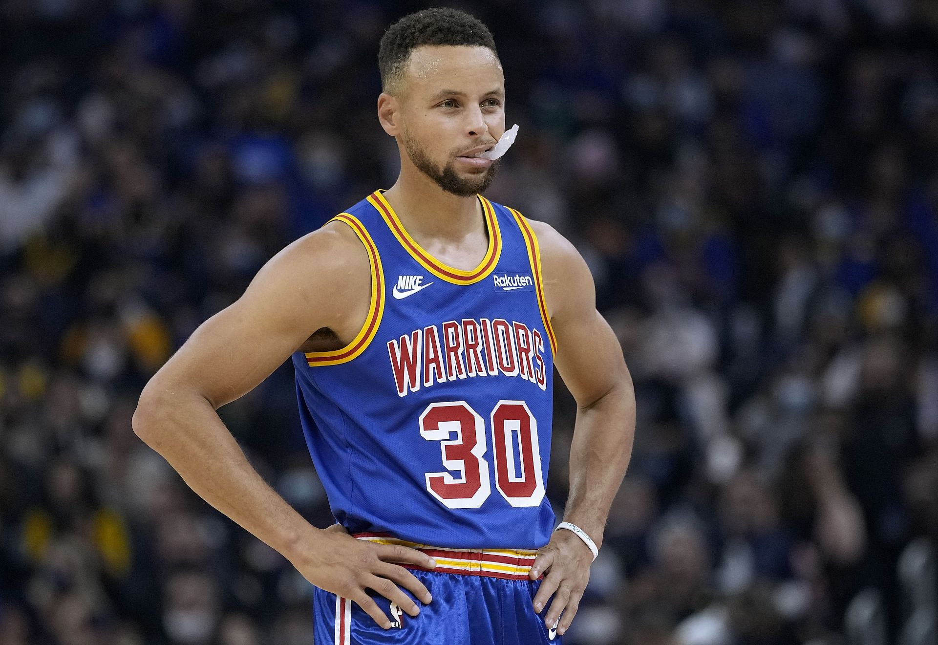 Stephen Curry #30 of the Golden State Warriors looks on against the LA Clippers during the second quarter at Chase Center on October 21, 2021 in San Francisco, California.