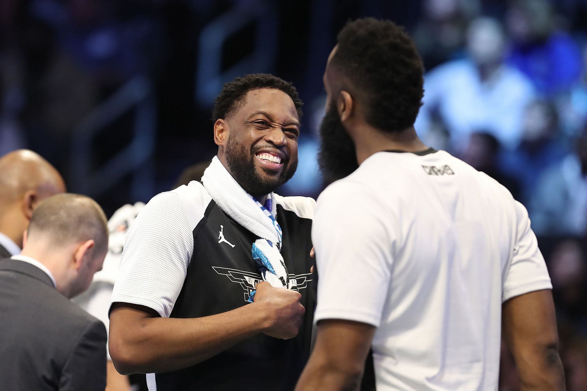 Dwyane Waade, left, and James Harden chat at the 2019 NBA All-Star Game in Charlotte, N.C.