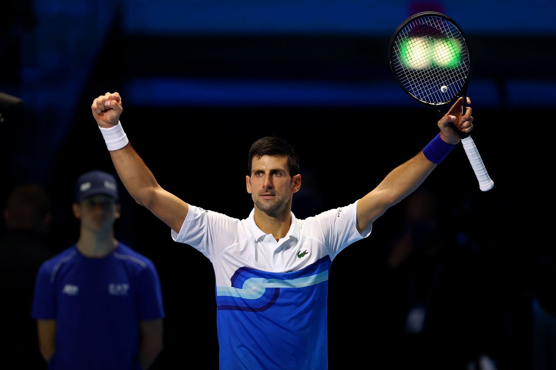 Novak Djokovic celebrates after beating Andrey Rublev at the Nitto ATP World Tour Finals