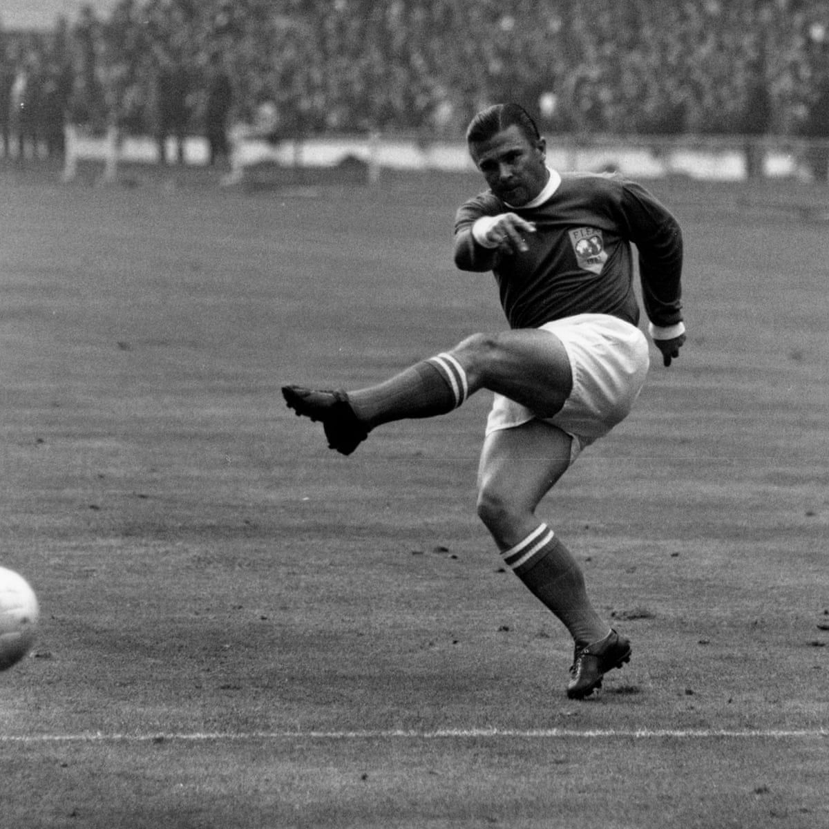 Ferenc Puskas in action during a charity match in Merseyside (Liverpool, England)