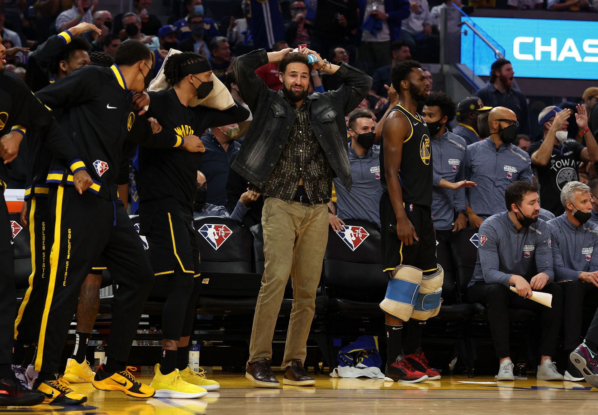 Klay Thompson on the Golden State Warriors&#039; bench.