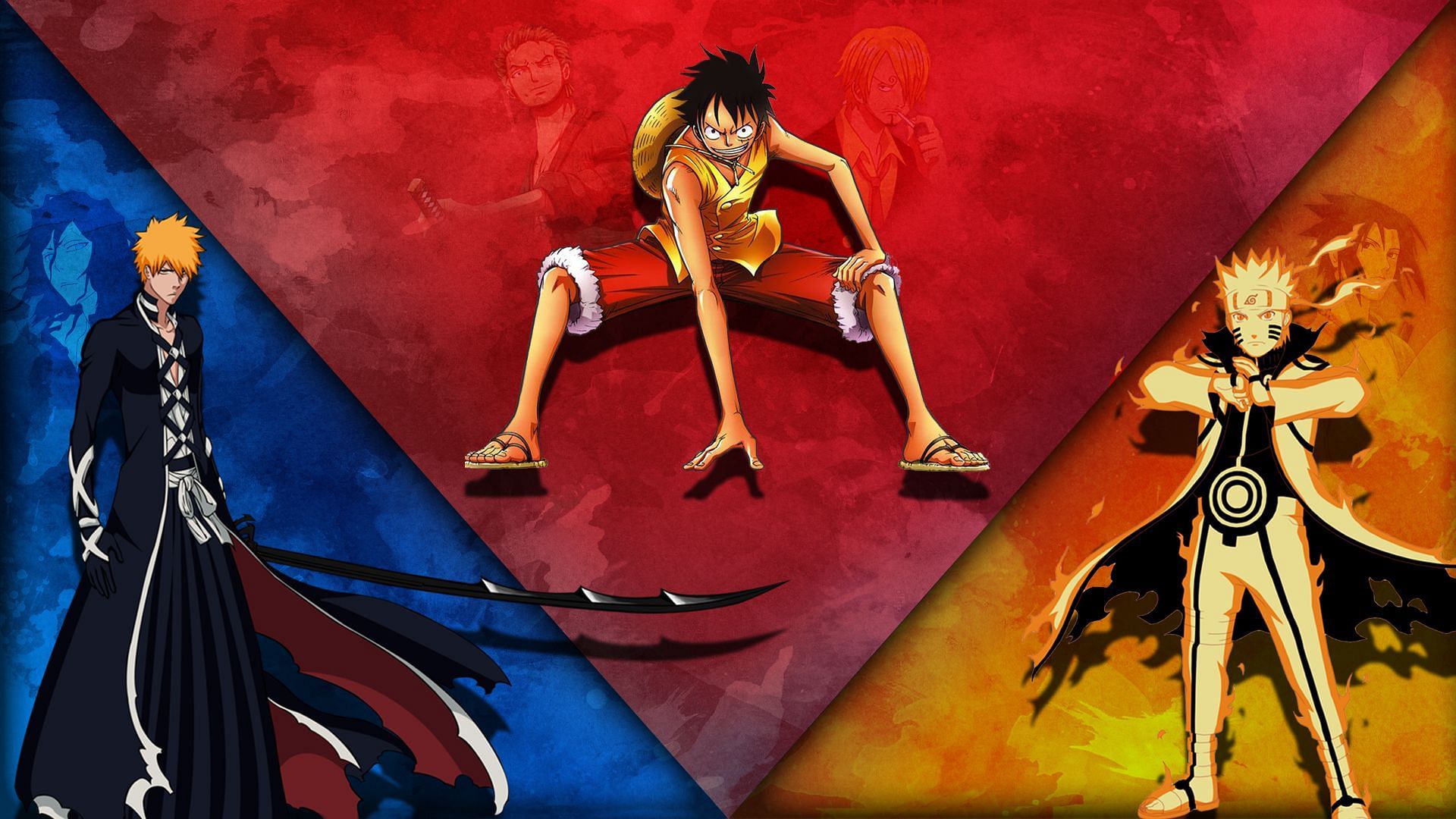 Fanart of the protagonists of each of the Big 3 series, featuring (left to right) Ichigo from Bleach, Luffy from One Piece, and Naruto from Naruto/Naruto Shippuden (Image via deviantart.com)