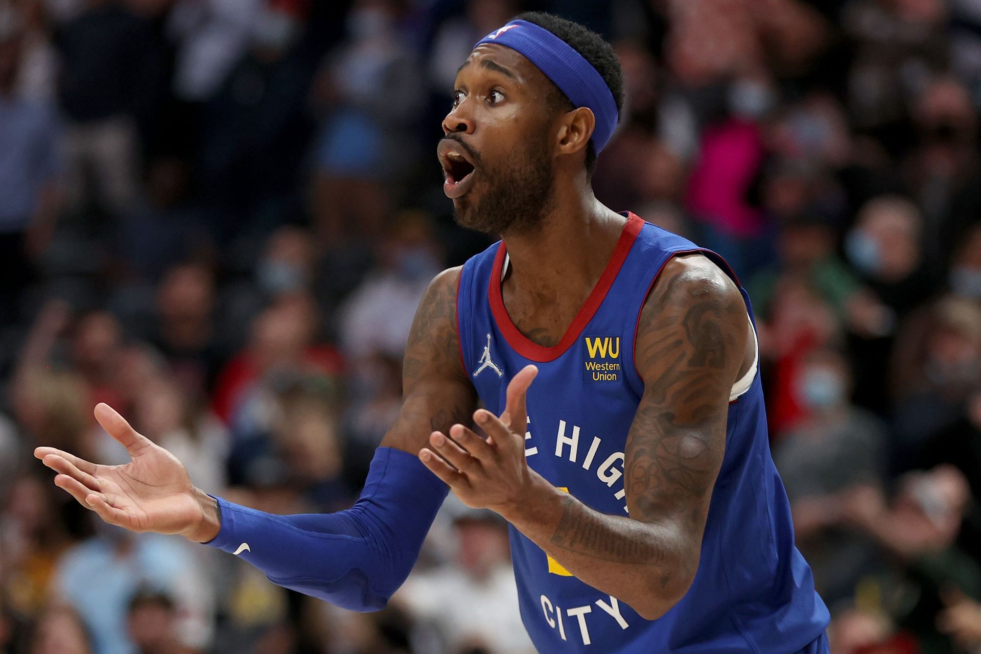 Will Barton of the Denver Nuggets reacts to a call