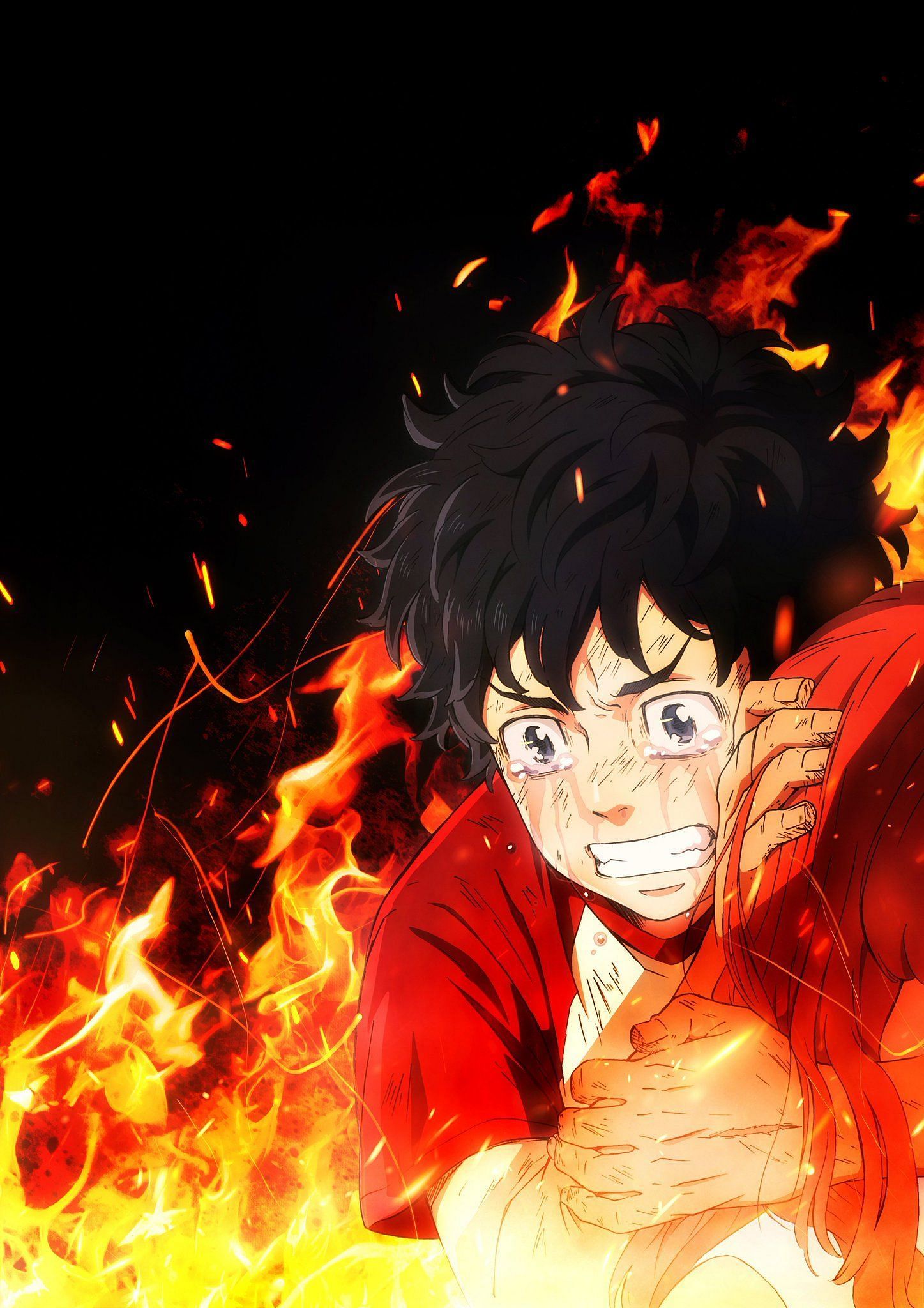 The Season 1 key visual for Tokyo Revengers, showcasing Takemichi holding Hinata in his arms as a fire rages behind them. (Image via Kodansha)