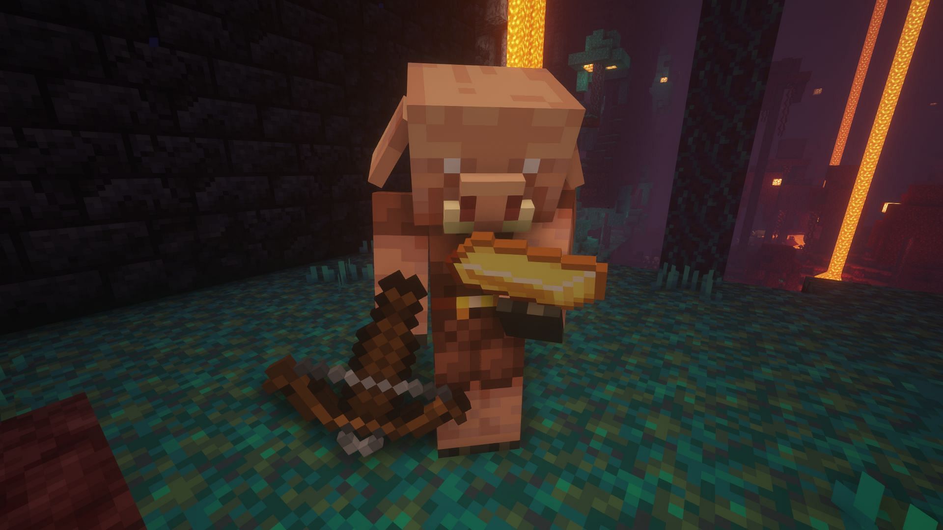 A piglin inspecting a gold ingot before bartering (Image via Minecraft)