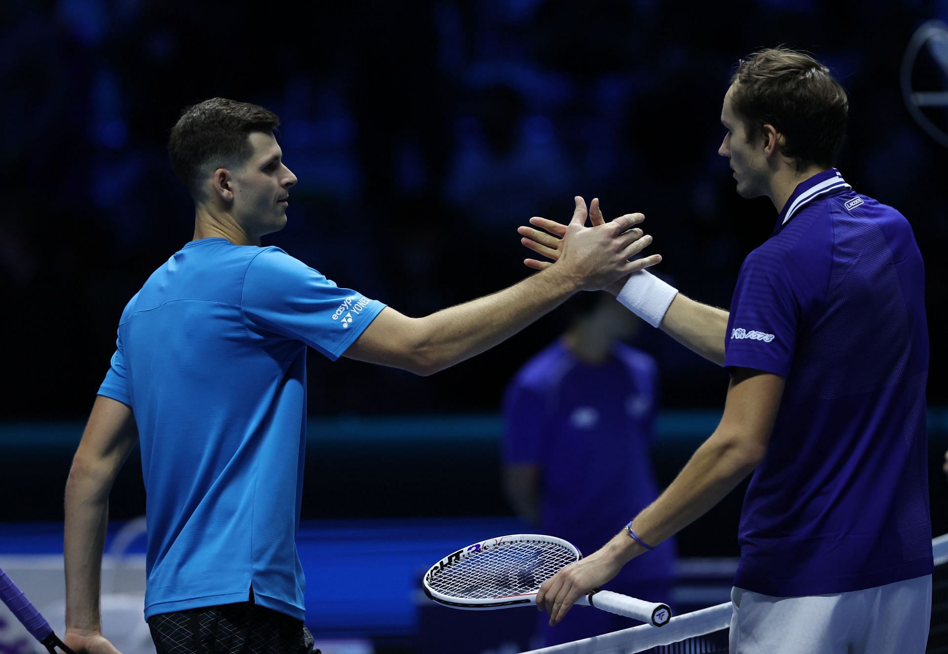 Daniil Medvedev and Hubert Hurkacz at the net after the match