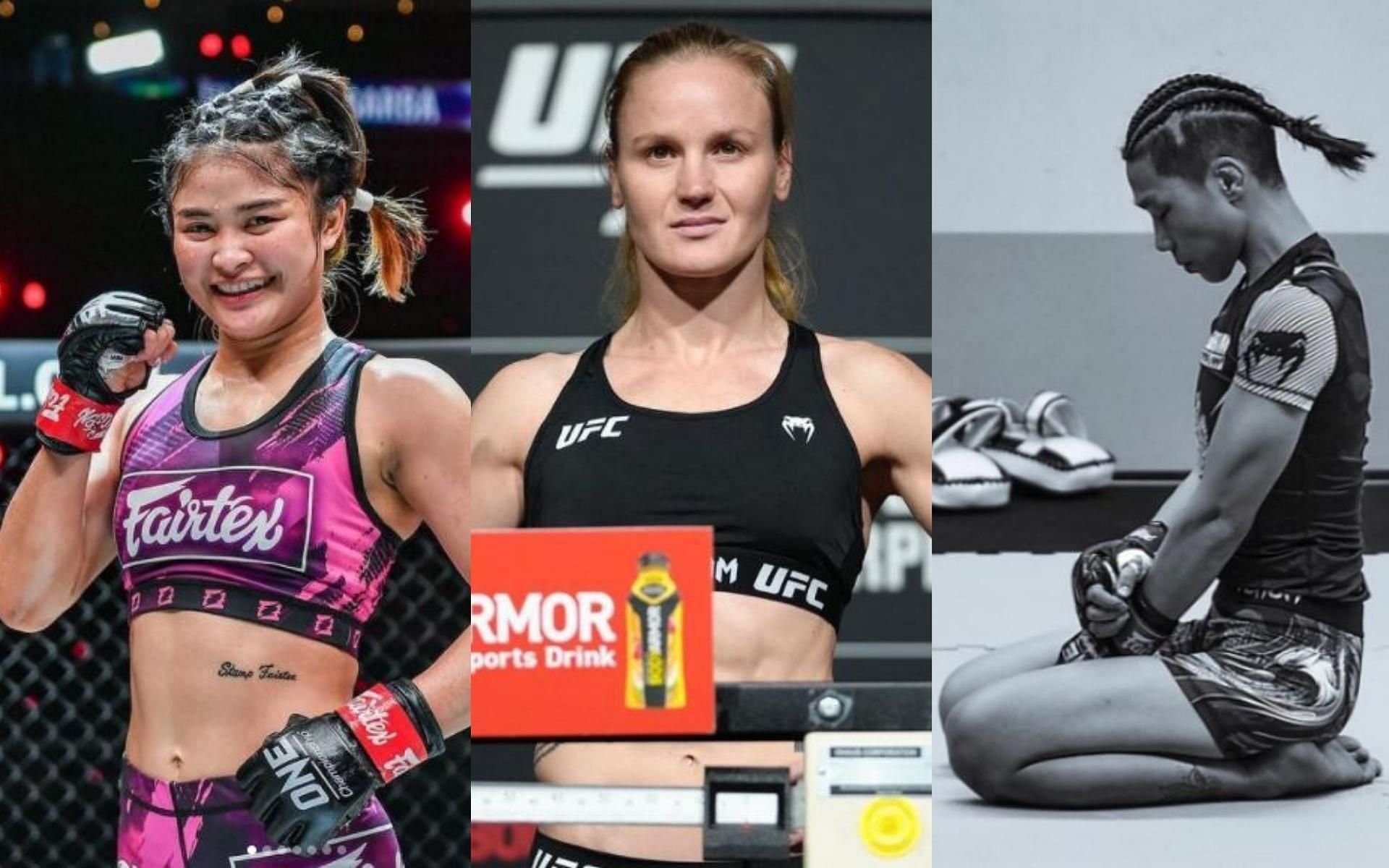 ONE Championship fighters Stamp Fairtex (left) and Xiong Jing Nan (right) pose interesting stylistic match-ups to UFC champion Valentina Shevchenko (middle). (Images credits: @stamp_fairtex, @bulletvalentina and @jingnanxiong on Instagram)