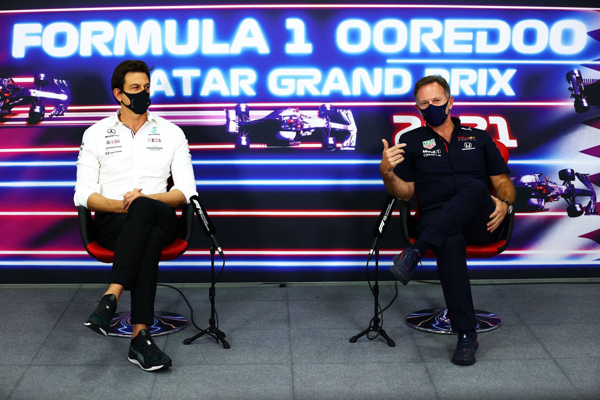 Christian Horner and Toto Wolff at one of the most intense FIA press conferences in Qatar . (Photo by Dan Istitene/Getty Images)