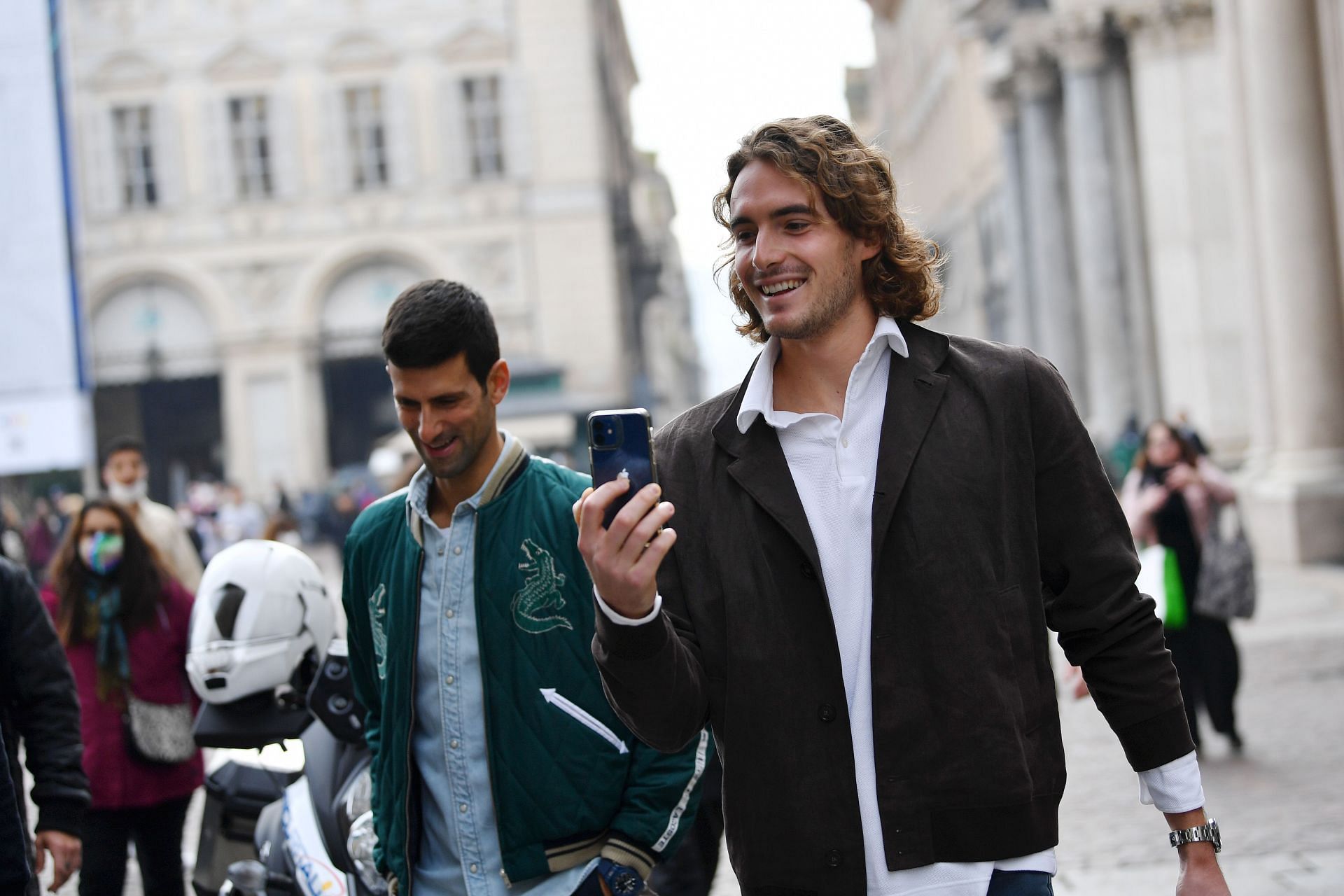 Stefanos Tsitsipas with Novak Djokovic at the 2021 ATP Tour Finals promo shoot.