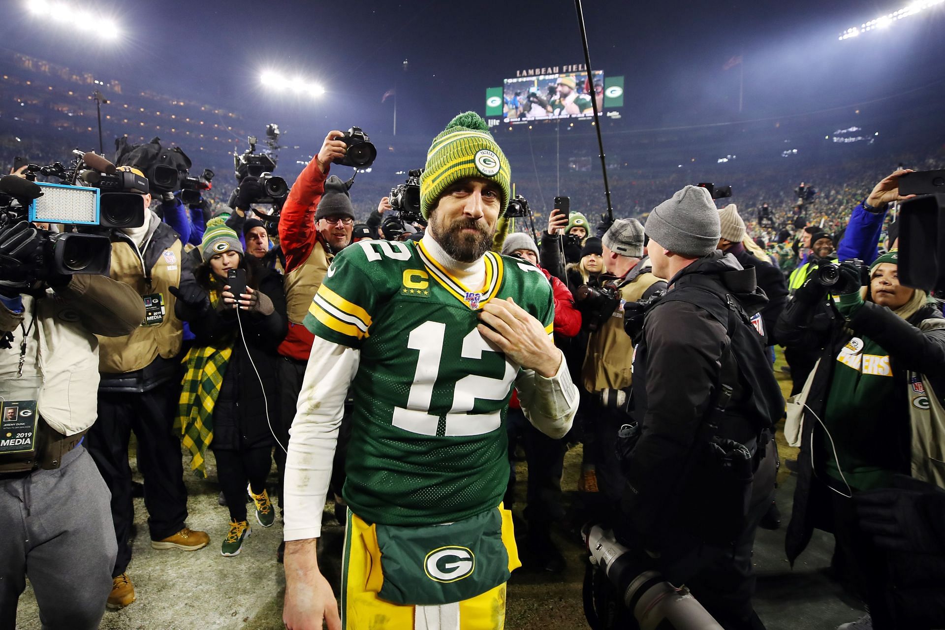Rodgers leaves the field after topping Seattle in the 2020 Divisional Round (Photo: Getty)