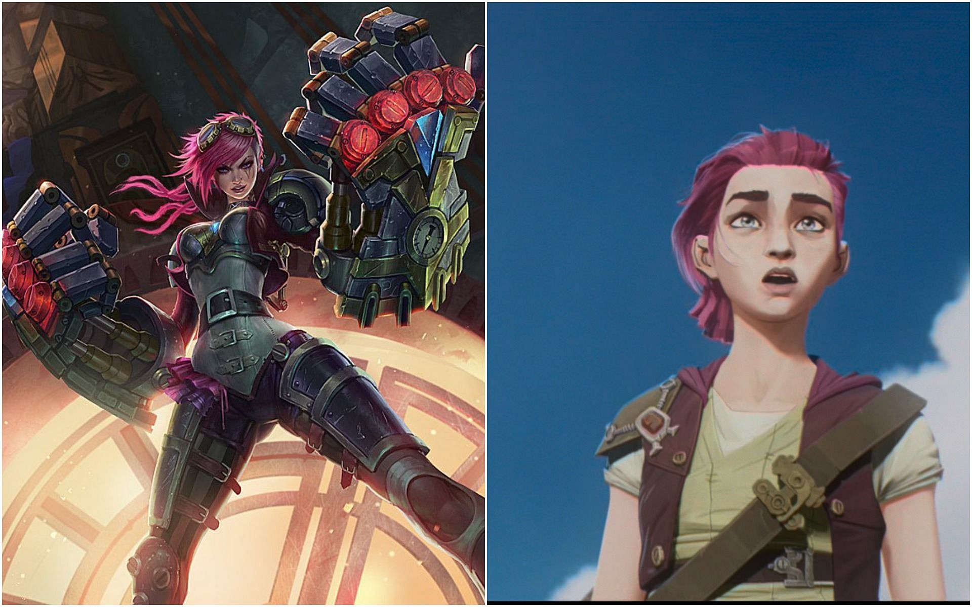 Vi in League of Legends (Left) and Vi in Arcane Act I (right) (Image via League of Legends)