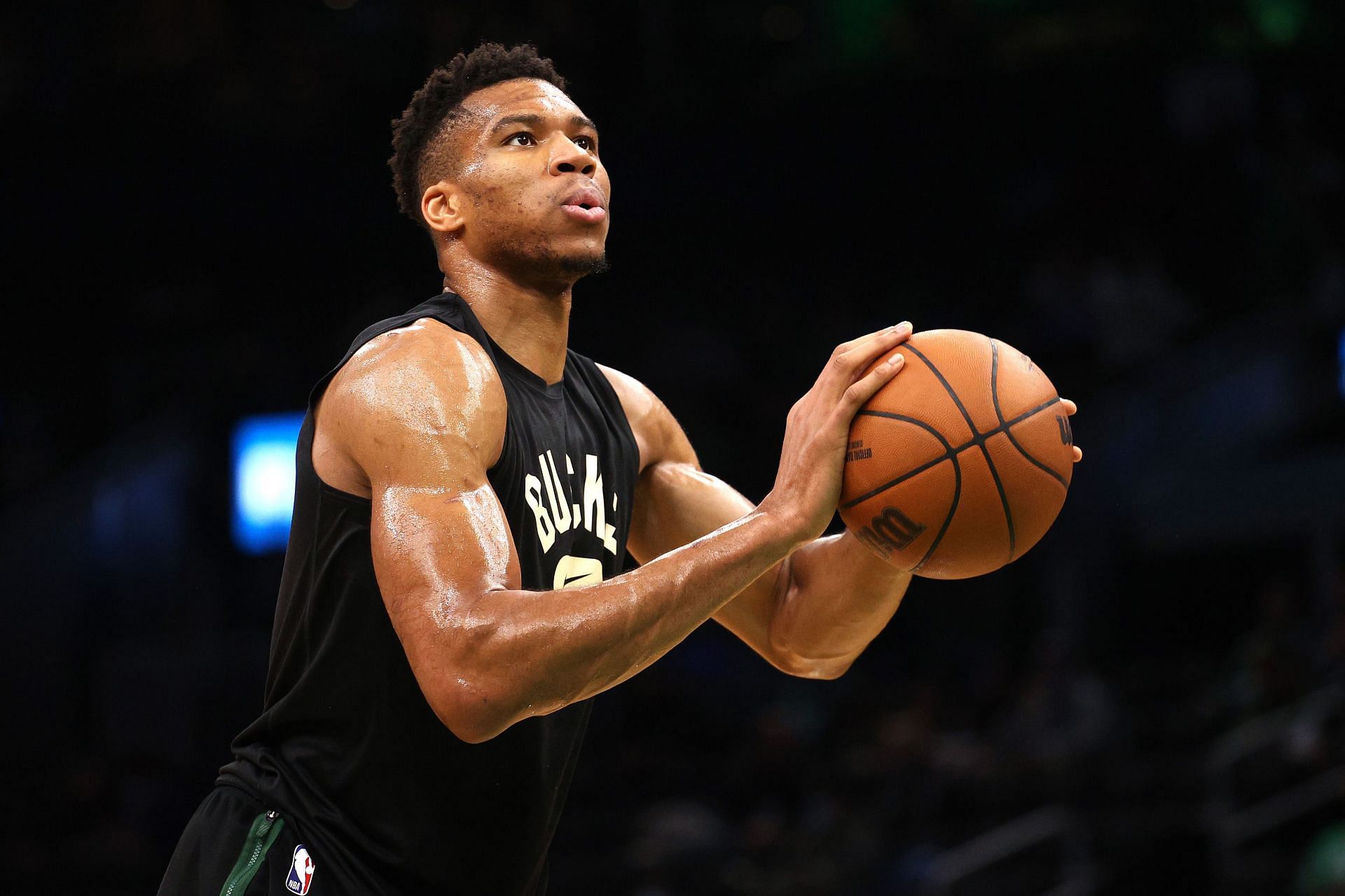 Giannis Antetokounmpo of the Milwaukee Bucks practices ahead of the matchup against Boston