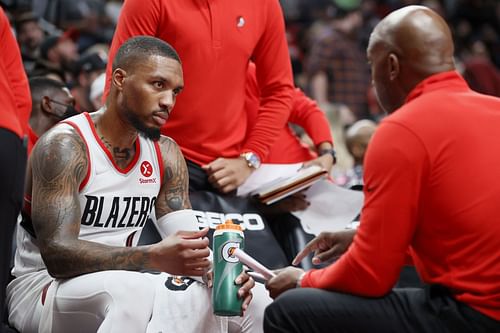 Portland Trail Blazers' coach Chauncey Billups and Damian Lillard