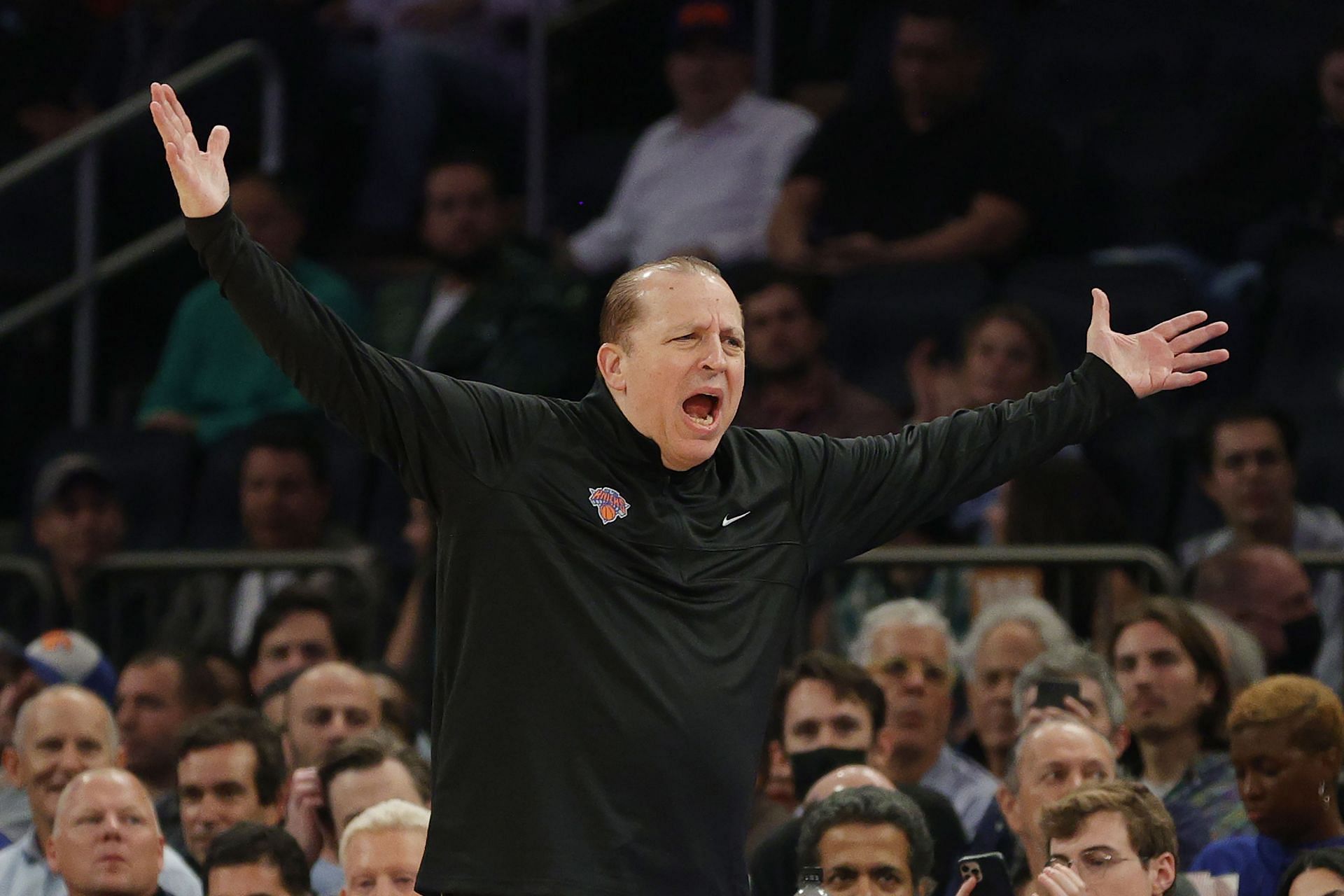 Head coach Tom Thibodeau of the New York Knicks reacts during the first half against the Philadelphia 76ers at Madison Square Garden on October 26, 2021 in New York City.