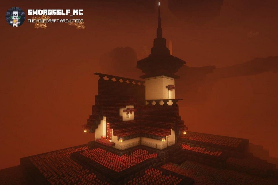 A small house with a tower in the Nether (Image via u/Swordself_MC on Reddit)