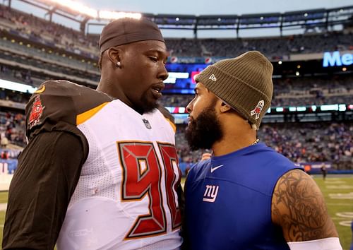 Beckham (R) talks with Jason Pierre-Paul following a 2018 showdown between the New York Giants and Tampa Bay Buccaneers