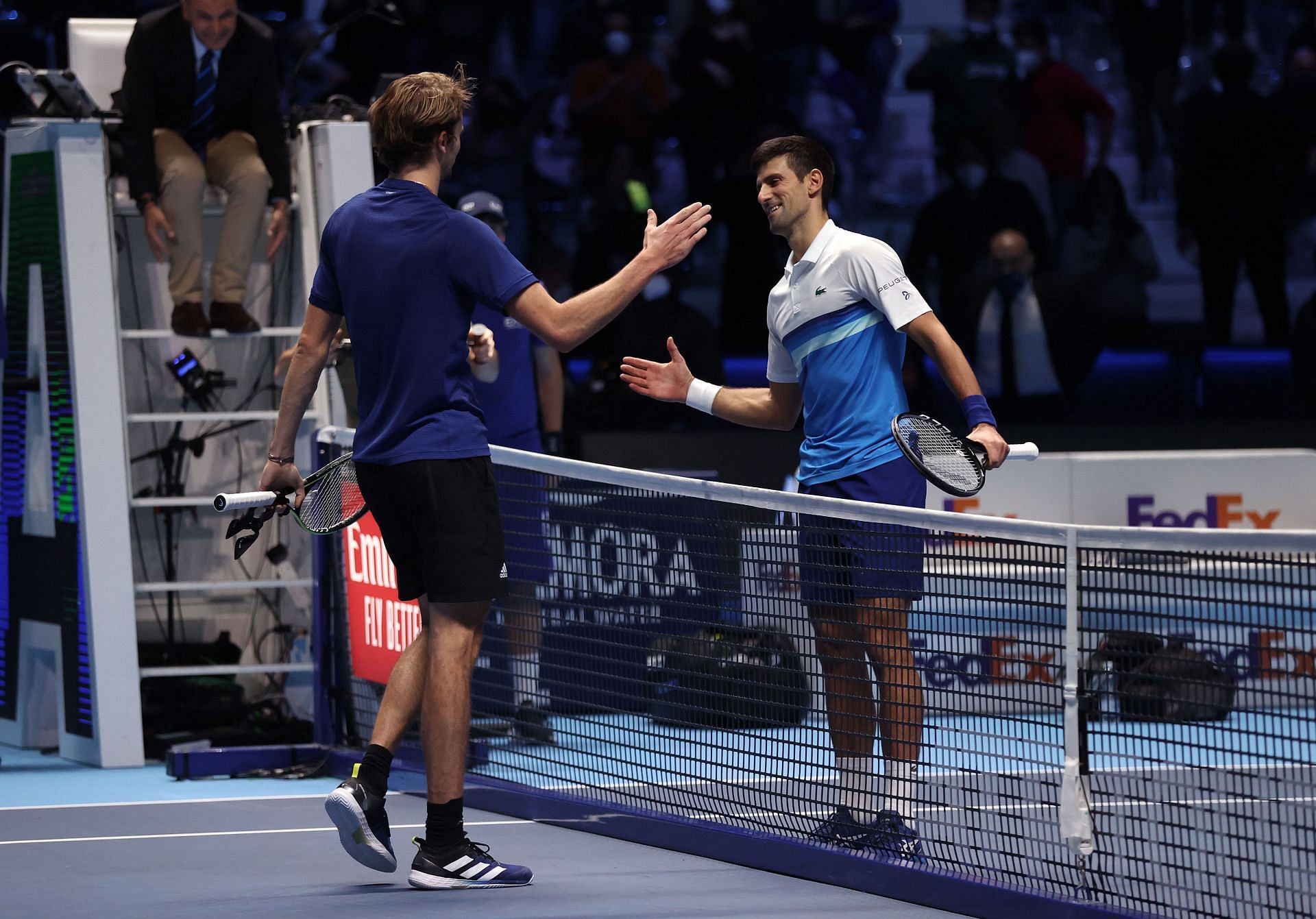 &lt;a href=&#039;https://www.sportskeeda.com/player/alexander-zverev&#039; target=&#039;_blank&#039; rel=&#039;noopener noreferrer&#039;&gt;Alexander Zverev&lt;/a&gt; and Novak Djokovic after their 2021 Nitto ATP World Tour Finals semifinal