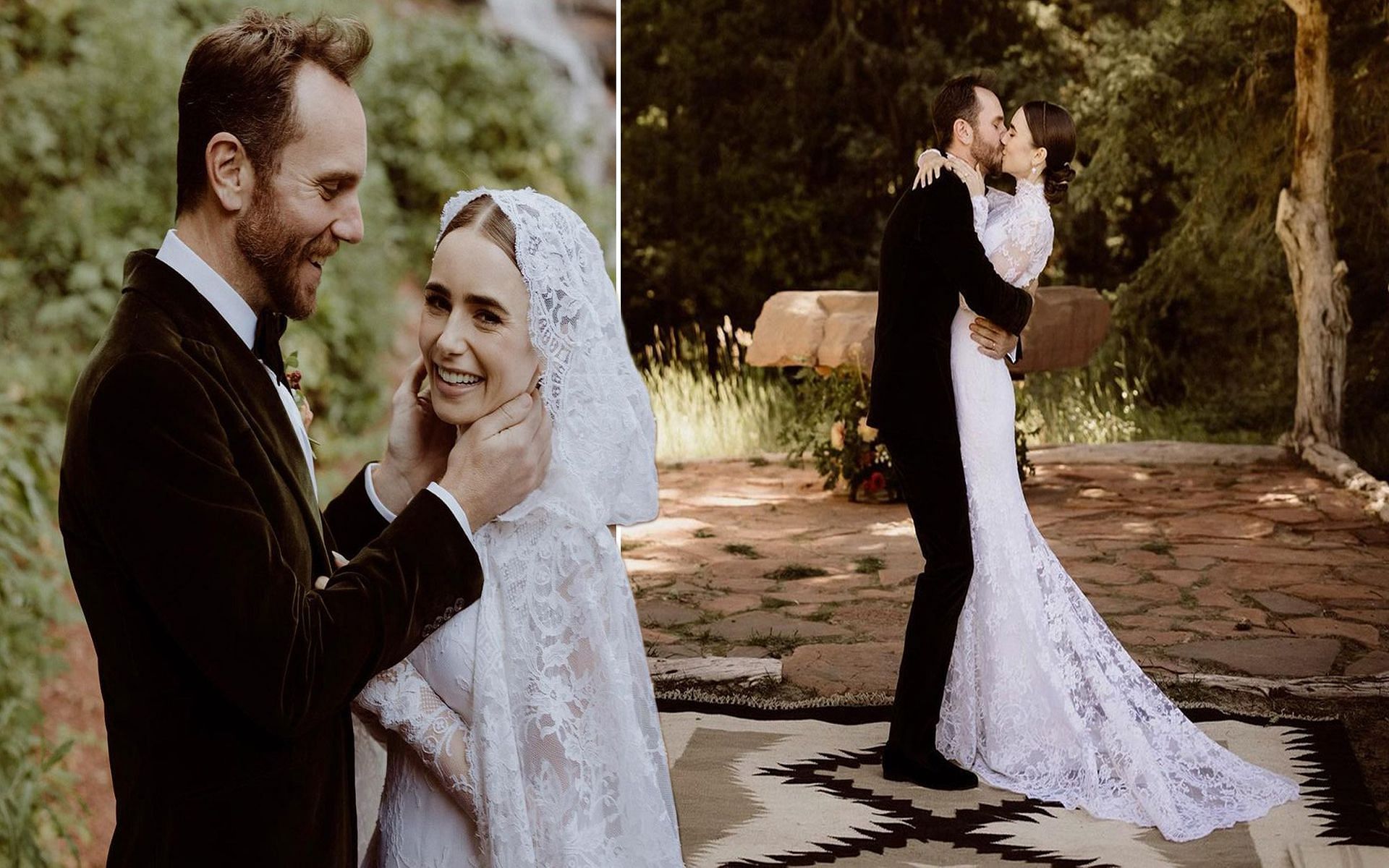 Lily Collins with husband Charlie McDowell on her wedding day (Image via METRO)