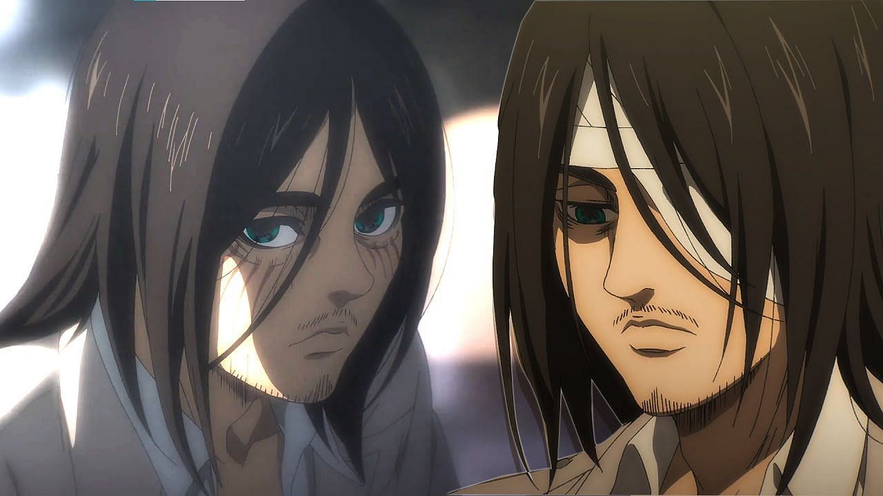 Two different looks at Eren&#039;s Marleya disguise, as seen in the beginning of Attack on Titan Season 4. (Image via MAPPA Studio)