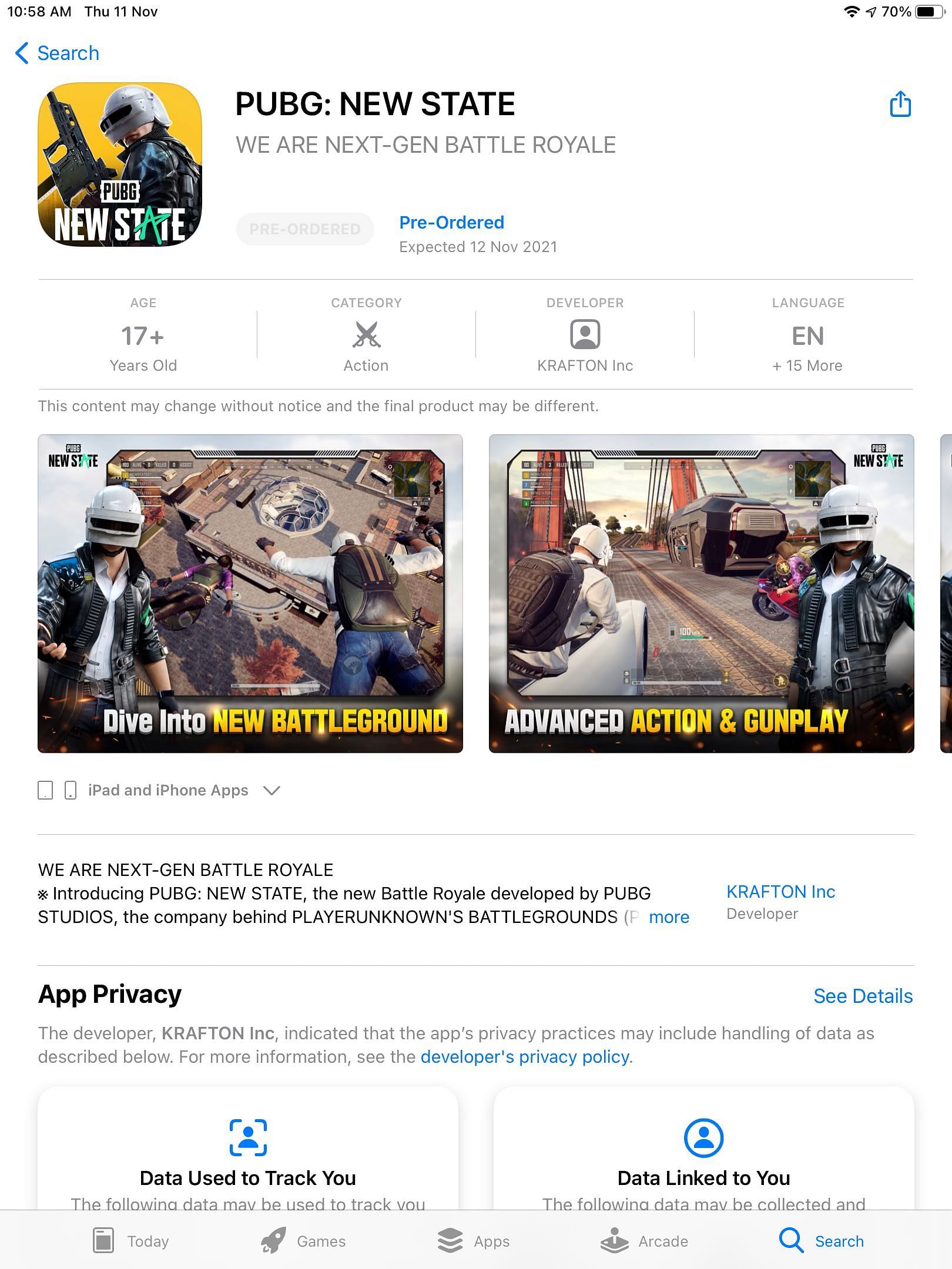 It is likely that iOS gamers will be able to enjoy PUBG New State tomorrow (Image via Apple App Store)
