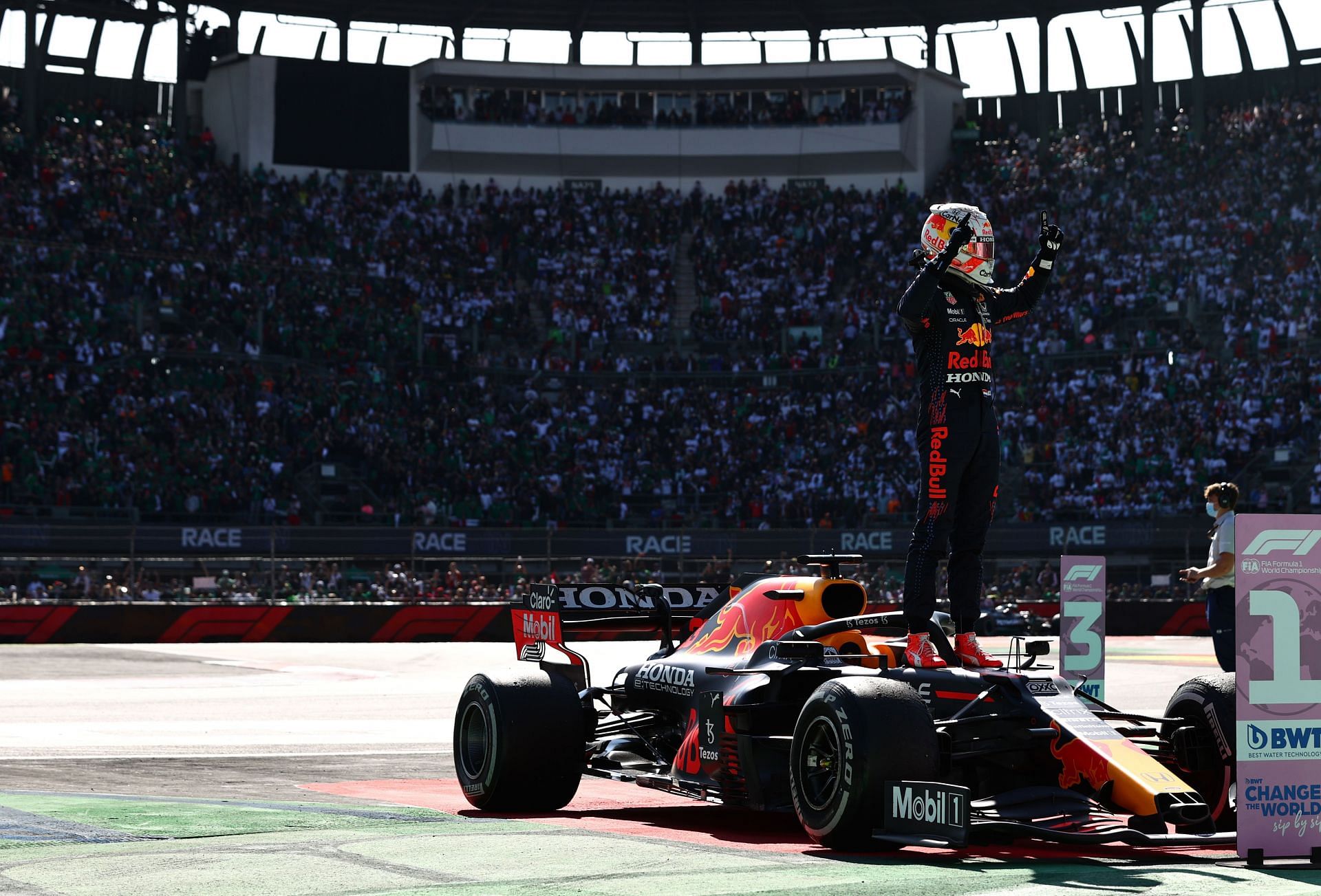 Race winner Max Verstappen of Red Bull Racing celebrates in parc ferme during the 2021 Mexican GP. (Photo by Mark Thompson/Getty Images)