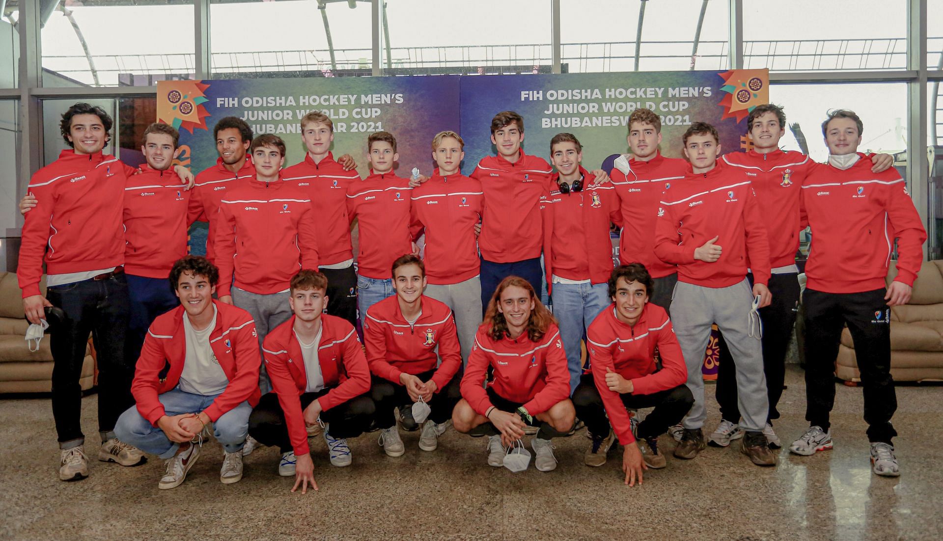 The Belgium men&#039;s junior hockey team at the Bhubaneshwar Airport. (PC: Hockey India)