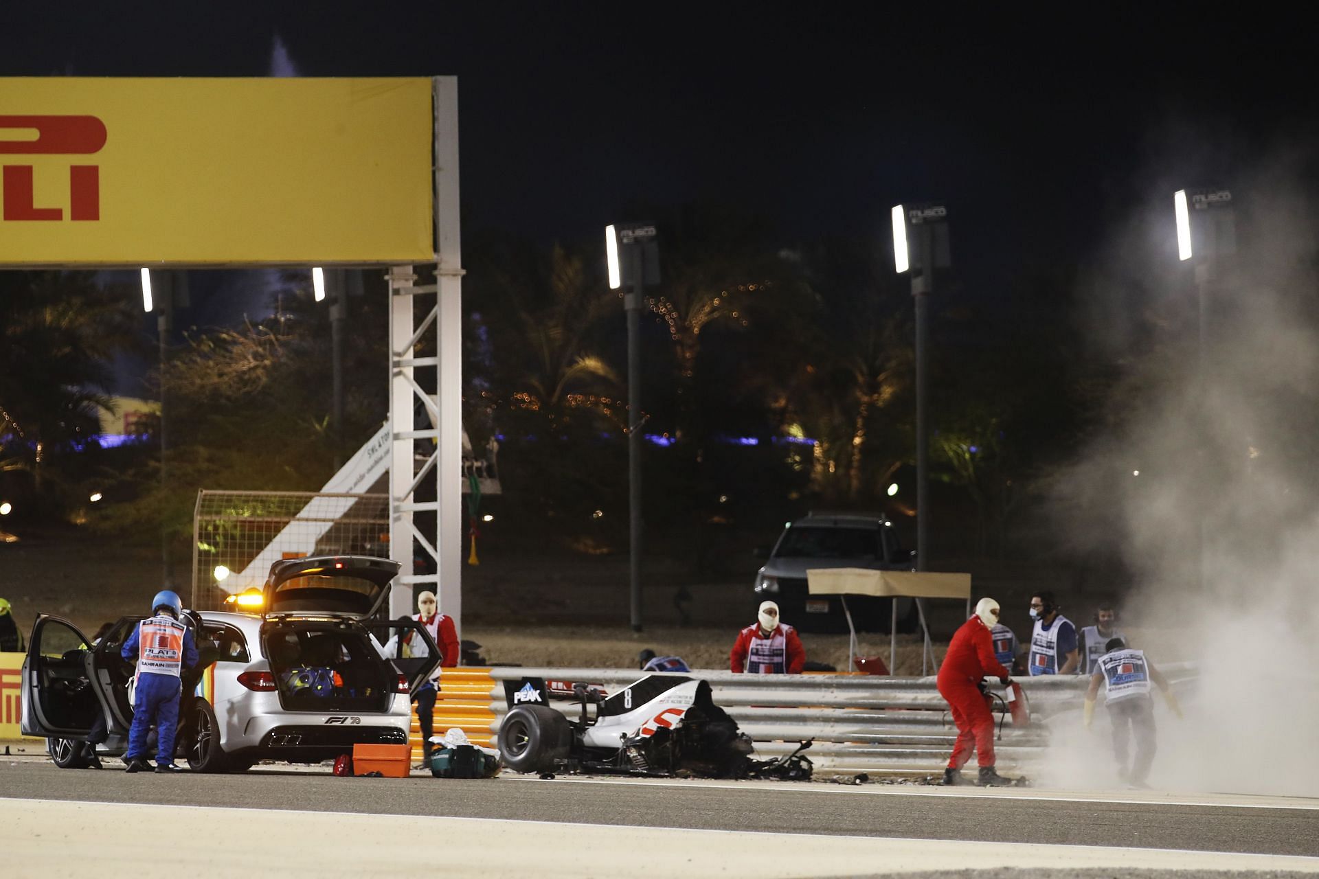 F1 Grand Prix of Bahrain - The remains of Romain Grosjean&#039;s Haas.
