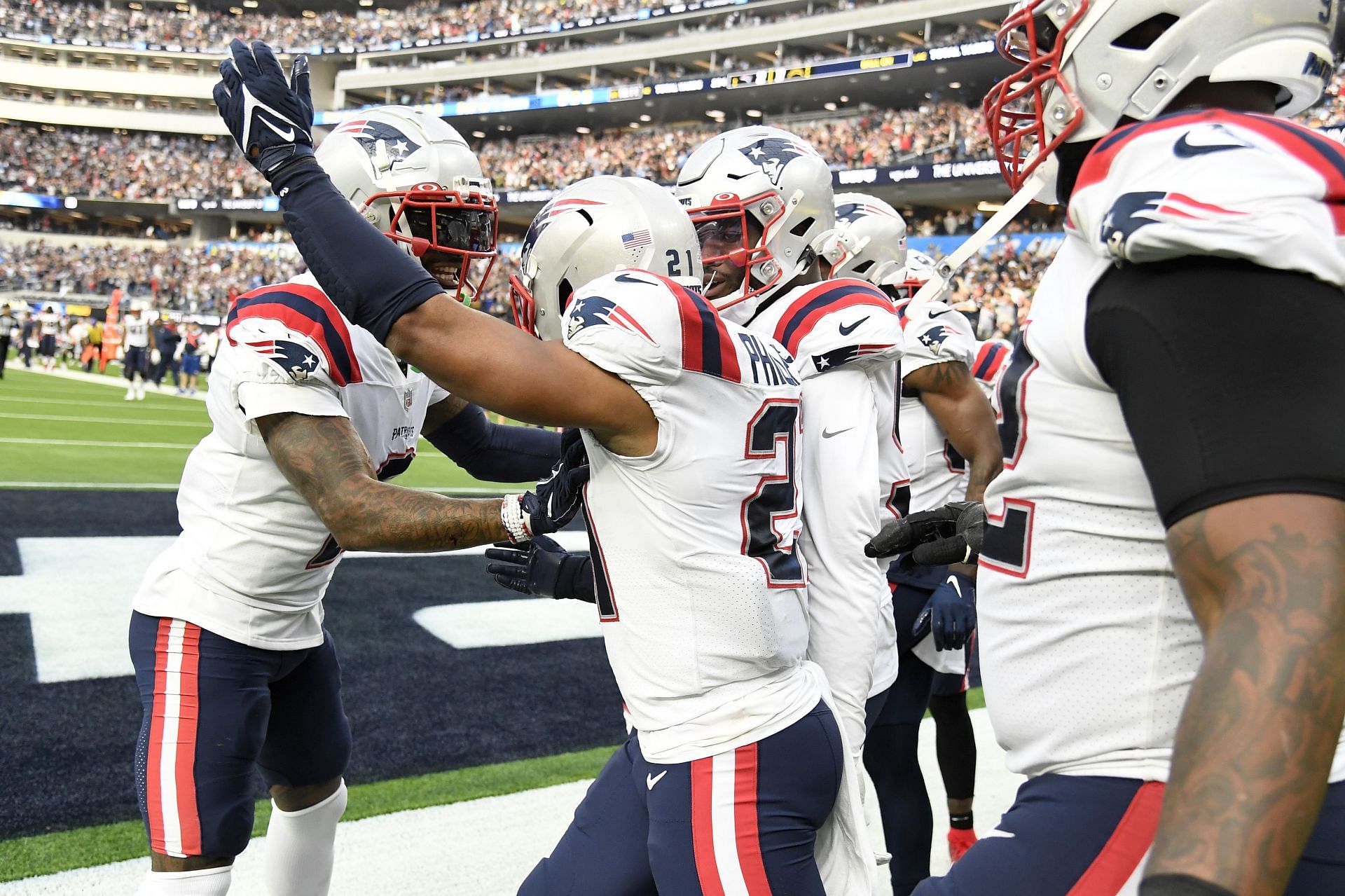 The New England Patriots celebrate after scoring against the Los Angeles Chargers last weekend