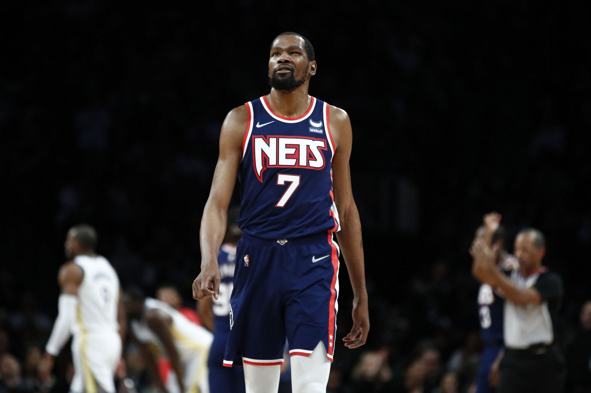 Kevin Durant #7 of the Brooklyn Nets reacts against the Golden State Warriors 